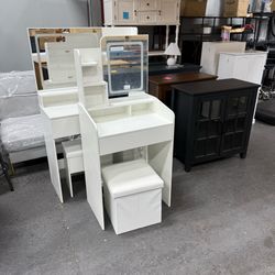 Small Vanity Set with Lighted Mirror & Power Station, 24" Modern White Makeup Desk with Storage Stool, HairDryer Rack, Smart LED 3-Color Lighting, Com