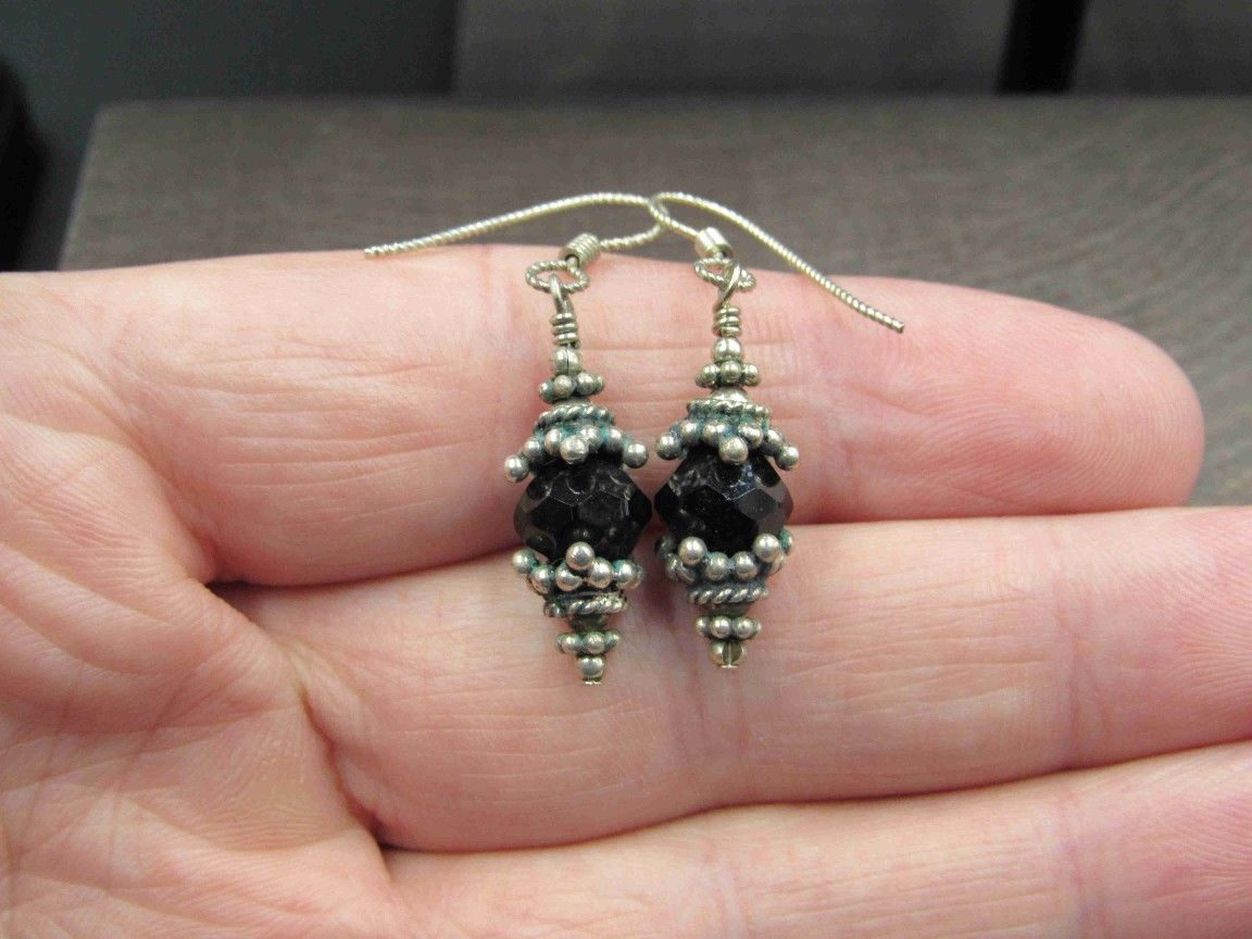 Sterling Silver Tarnished Worn Black Crystal Earrings Vintage Wedding Engagement Anniversary Beautiful Everyday Minimalist Cute Sexy