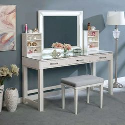 Luminous White OR Obsidian Gray Lighting Vanity w/ a Gray Upholstered Stool