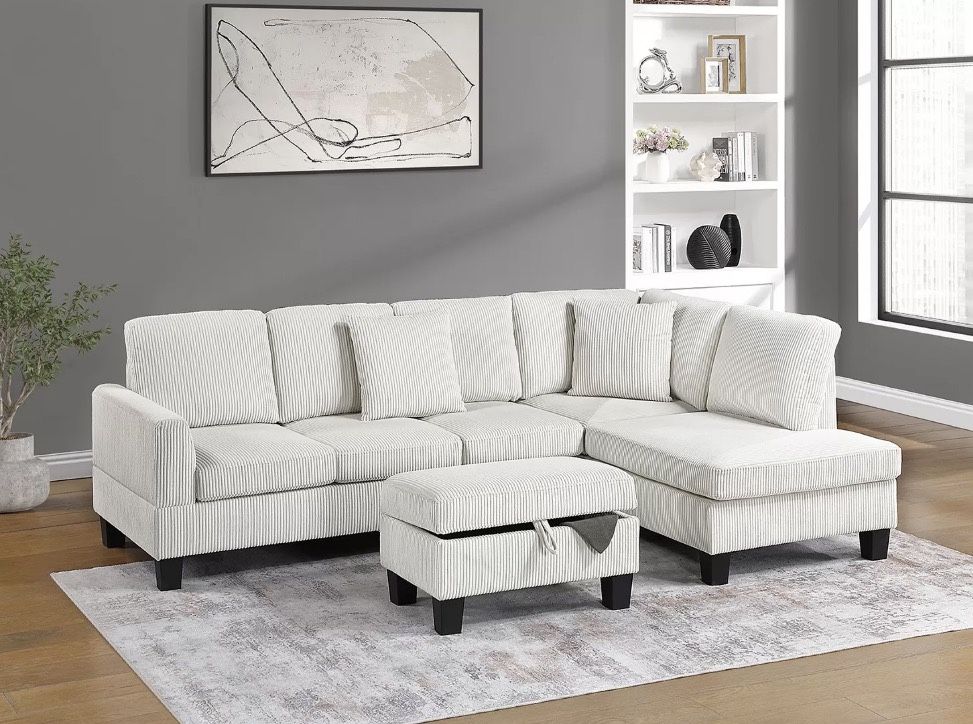 3-Piece Sectional Set W/ Ottoman RAF Chaise + LAF Sofa + Storage Ottoman - Beige