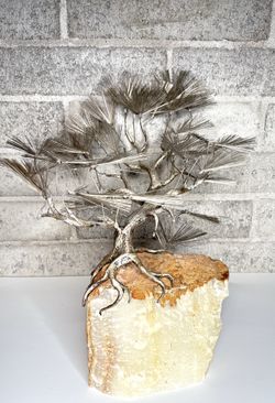 Signed Curtis Jere Style Wire Bonsai Tree Sculpture on Alabaster Stone – Mid-Century Modern