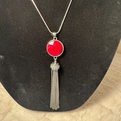 Silver Necklace With Silver And Red Pendant