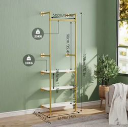 #D Gold Industrial Pipe Clothes Rack with 3 White Shelves, Wall-Mounted Garment Stand, 24”W × 12.2”D × 70.1”H, Space-Saving Design；$30