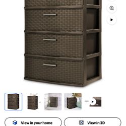 Sterilite Storage Drawer, 4 Drawer Plastic Weave Wide Tower with Pull Handles, Brown