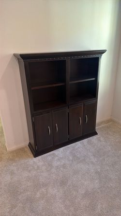 Dark Brown Wood Bookcase with Cabinet Doors