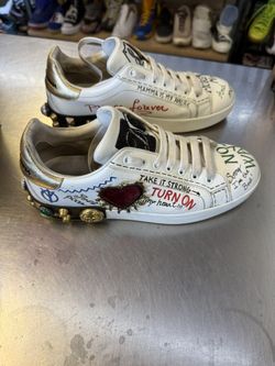 DOLCE & GABBANA DG Logo Heart Pearl Logo Low Top Sneaker PORTOFINO White Gold Size 7 1/2