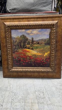 Hulsey Signed Landscape Oil Painting with Red Flowers