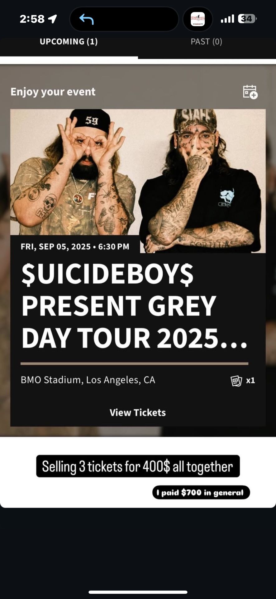 Suicide Boys Tickets 400 For 3 