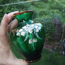 Murano Glass Made In Italy Green Bud Vase Hand Painted Enamel Flowers 24kt Gold