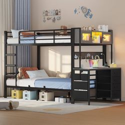 Loft Bunk Bed Twin Over Twin with Desk,Twin Size Bunk Beds with LED Light & Charging Station & Storage Drawers,Metal Bed with Safety Guardrail & Ladde