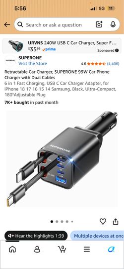 SUPERONE 99W Retractable Car Charger 6-in-1