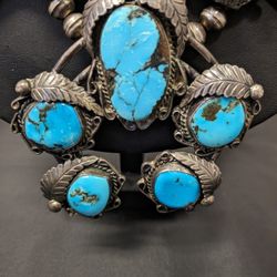 1970's Vintage Old pawn Squash Blossom, All handmade Beads Arizona Kingman turquoise. Chunks of turquoise Are at least quarter Size and up