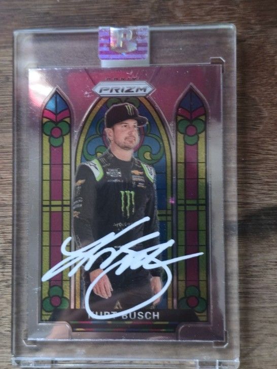 2020 Kurt Busch Panini Prizm NASCAR trading card from the "Stained Glass" series. Autographed w/COA and is encased in a protective slab Gem Mint Condi