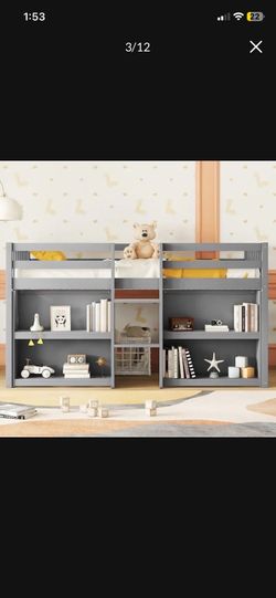 Twin Low Loft Bed for Kids with Built-in Shelves Led Lighting and Play Space - gray