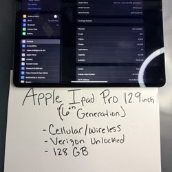  Ipad Pro 12.9-inch (6’th Generation) WiFi & Cellular (Unlocked)