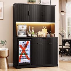 69-inch kitchen storage cabinet (refrigerator not included), recessed coffee bar cabinet with LED lights and sockets, tall wine cabinet wit