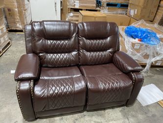 2563d $280 EBELLO Manual Reclining Sofa for Living Room, Breathable Faux Leather 2 Seater Reclining Couch Chair, Vintage Rivet Mid-Century Modern Desi