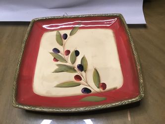 Square Ceramic Plate with Olive Branch Design