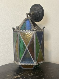Vintage Leaded Stained Glass Hexagon Lantern Light Fixture with Wall Bracket