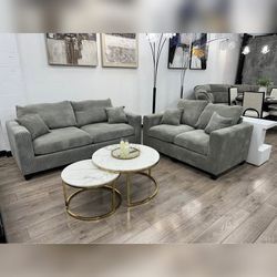 2PC Gray Corduroy sofa set loveseat and sofa