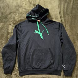 Puma Logo Black Green Long Sleeve Pullover Hoodie Casual Outerwear Men's Size L