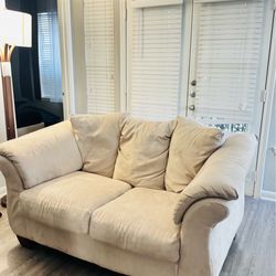 Beige Fabric Loveseat Sofa, Classic Round Arms, High Back, 2-Seater, Living Room