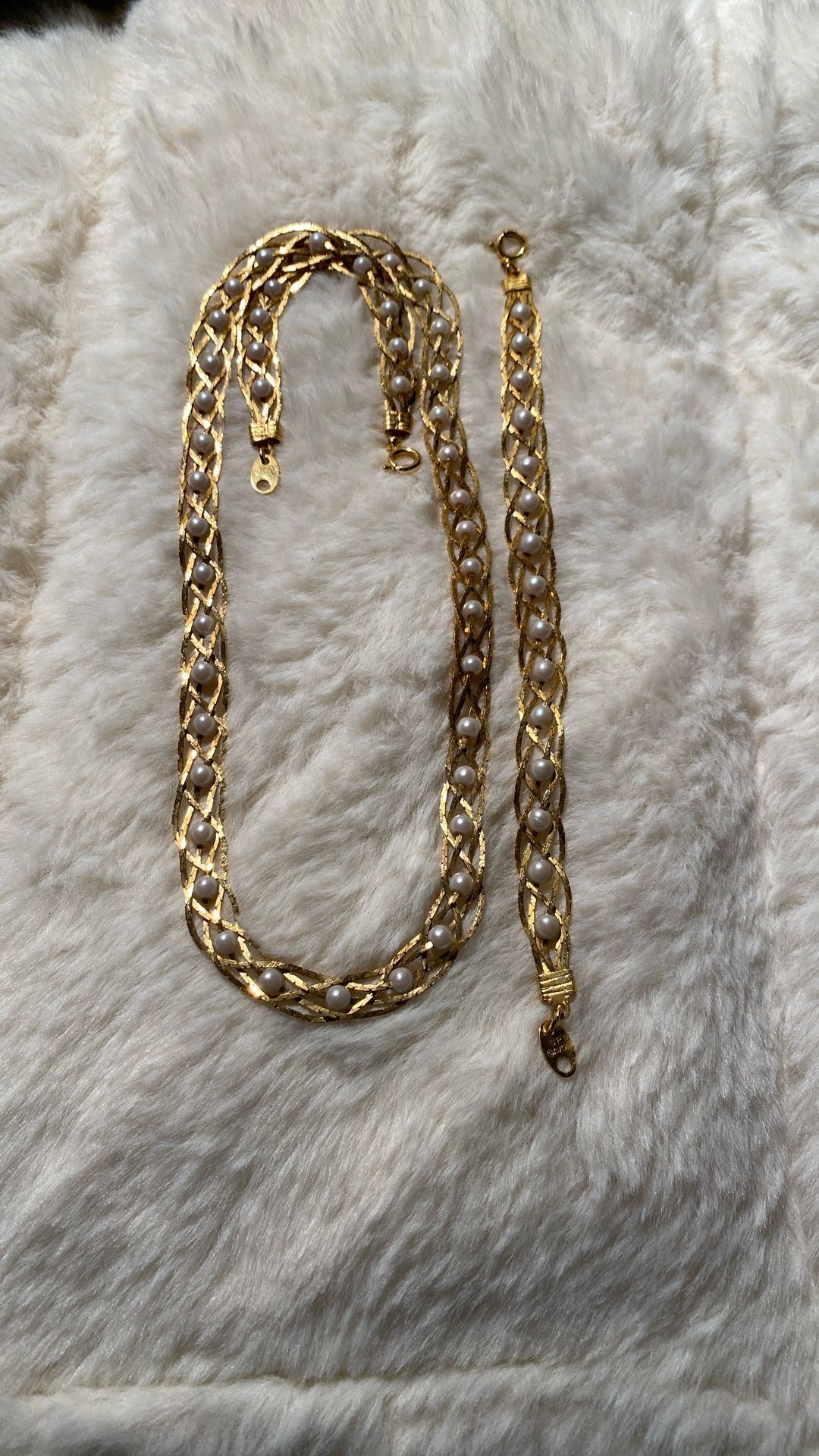 18” Gold And Pearl Braided Necklace Set With 7” Matching Bracelet,By Avon