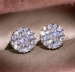 Cluster Stud Earrings For Women's 1.00 Ct Diamond Round Cut Real 10k White Gold