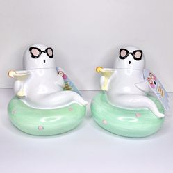 Set of 2 Summerween Ghosts Holding Martinis Sitting on Pool Tubes Decor