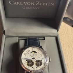 Carl von Zeyten CZ Moonphase Double Open Heart Automatic Watch Blue Leather Strap