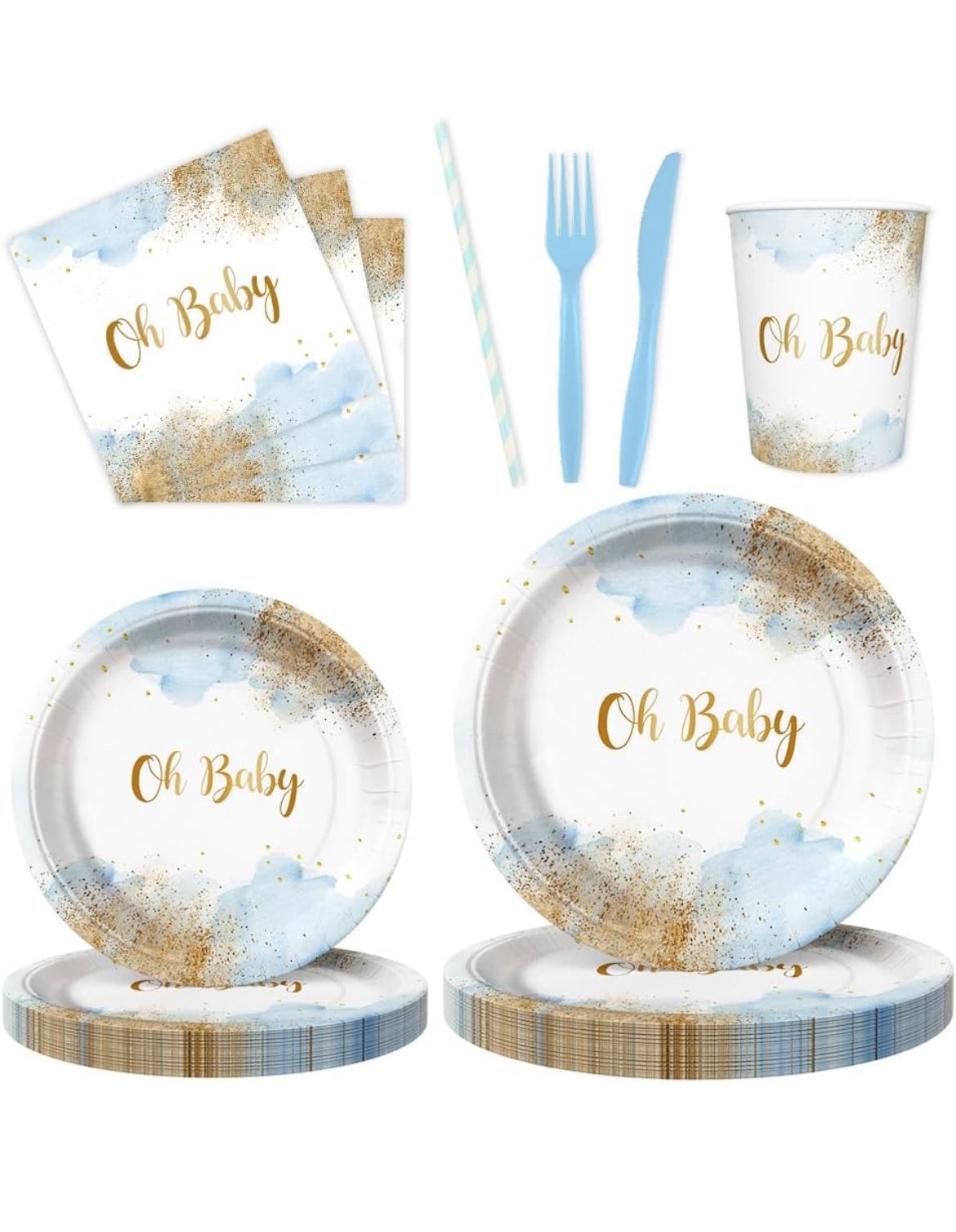 112 PCS Baby Shower Party Decorations Boy Watercolor Pastel Blue Boy Baby Shower Party Supplies Disposable Dinnerware Oh Baby Paper Plates Napkins Cup