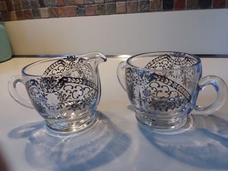 Silver Etched Glass Creamer and Sugar Bowl Set