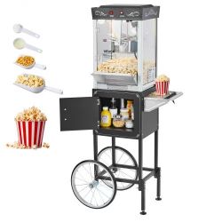 Popcorn Machine with Cart, 8oz Stainless Steel Kettle, 800W Commercial Popcorn Maker, 48 Cups per Batch Theater Style Popper, with 2-Button Control Gl