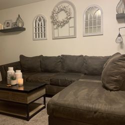 Brown Suede L-Shape Sectional Couch 