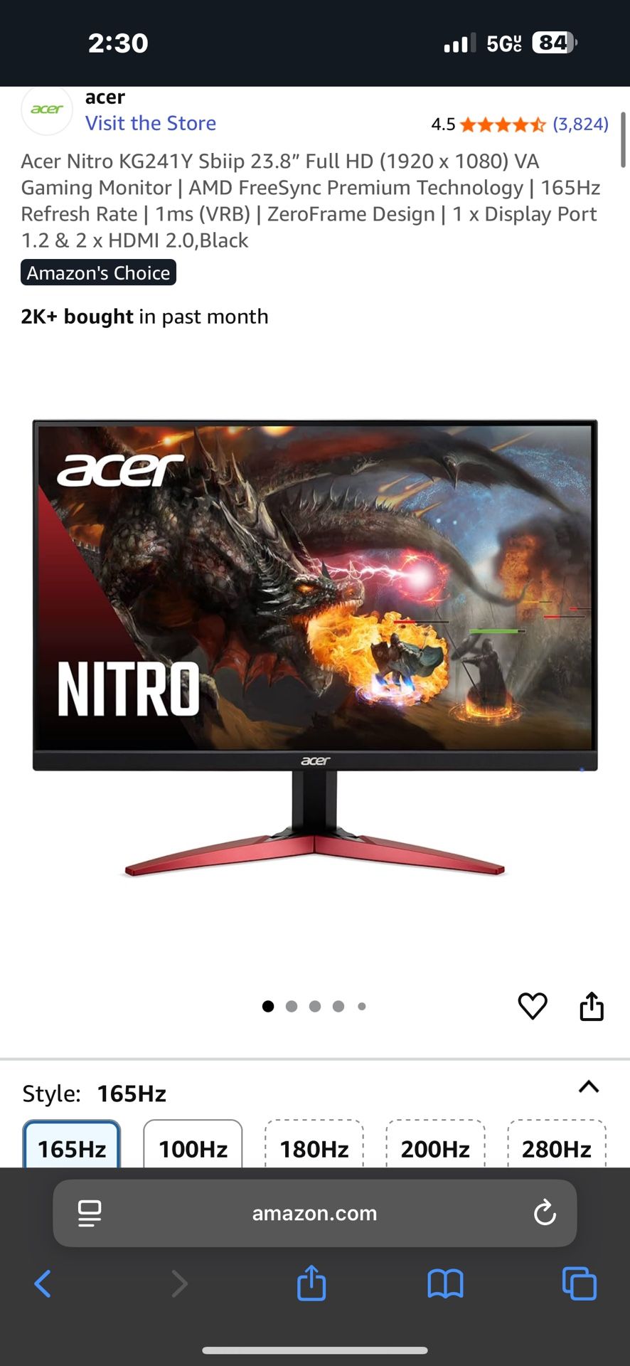 Acer Nitro KG241Y Sbiip 23.8” Full HD (1920 x 1080) VA Gaming Monitor | AMD FreeSync Premium Technology | 165Hz Refresh Rate | 1ms (VRB) | ZeroFrame D