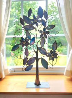 Handcrafted stained glass tree sculpture iridescent glass leaves  flower petals.39"×22"