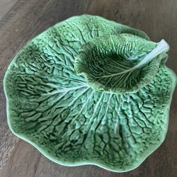 Green Cabbage Chip & Dip, Secla Portugal, Serving Platter Attached Dip Bowl