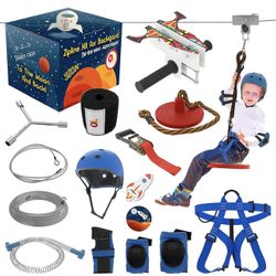 OLVON 160ft Zipline Kit for Backyard – Space Themed for Kids and Adults, Outdoor Zipline with Stainless Steel Cable, Trolley, Disc Seat, Safety Harnes