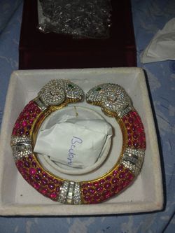 Rare 1960s Rome Cabochon Ruby And Cz Double Rams Head Bang Bracelet 925 Silver 