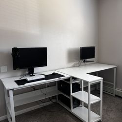 Double Long white desk with printer/pc shelf 