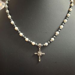 Polished Hematite Beads, Real Pearls & 925 Sterling Silver Cross Pendant Necklace 16.5" W/Toggle Clasp - Mint Condition