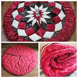 Santa's Best 54" Round Quilted Thick Puffy Padded Decorative Christmas Tree Skirt with Red Brown & Cream Geometric Star Pattern Design. Velvet Cover a