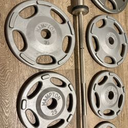 Hampton Olympic Weight Plates Full Set (45s to 2.5s) In New Condition (reconditioned) Plus Hampton 6ft Bar. Total: 283 lbs.