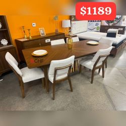 Walnut Solid Wood Mid Century Modern 7 Piece Dining Table Set  