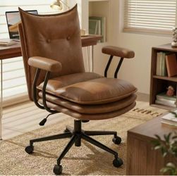 New assembled Brown Office Chair with Triple-Layers Thicken Wide Seat, Mid Back Leather Desk Chair with Wheels and Arms, Mid-Century Modern Computer C