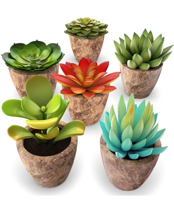 Set of 6 Artificial Succulent Plants – Fake Plants with Grey PaperPulp Planters for Decoration

