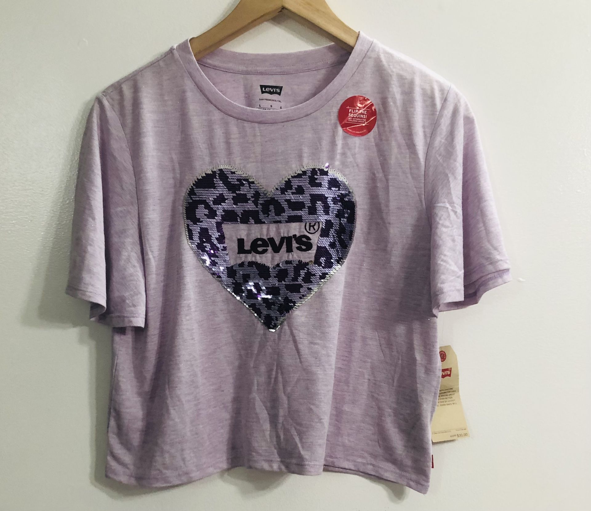 Levis women’s sequins heart crop top glittery purple pull over.L