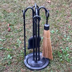 Raised Hearth Vintage Solid Iron Rods Fireplace Stove Tool Set 5 Piece Shovel Poker Broom Ash Rake And Stand