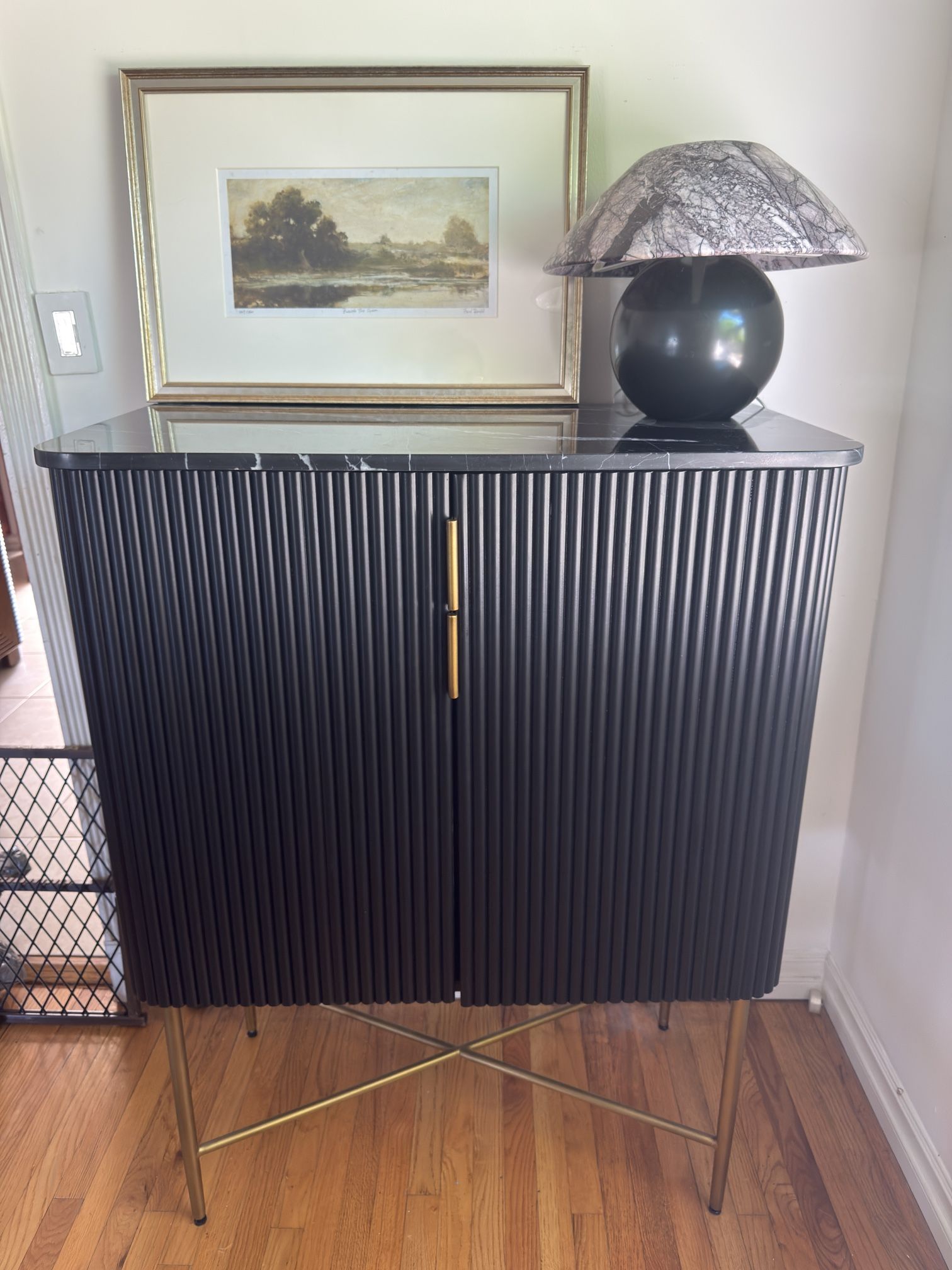 Fayette Black Nero Marquina Fluted Bar Cabinet