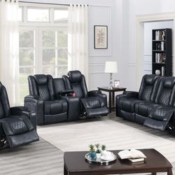 Ink Blue Sofa Set With Console And Power Recliner 